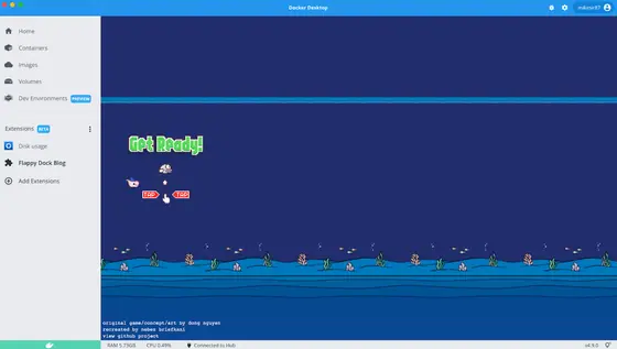 Moby Dock — the Flappy Dock extension inside Docker Desktop, built for KubeCon EU 2022