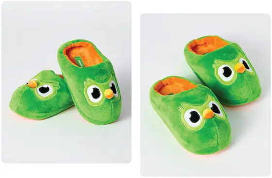 Duo and the Duolingo cast — the Duolingo store, slippers