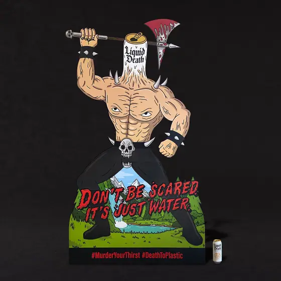 Murder Man — the Liquid Death store, life size standee