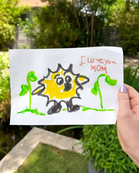 the Bird — A kid's marker rendition, in a garden